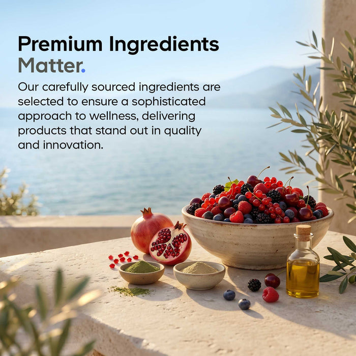 A bottle of Codeage Beef Liver Capsules - Grass-Fed rests beside fresh berries, pomegranate, wellness powders, and lush greenery on a sunlit surface with serene sea and mountains beyond—evoking the pure essence of nature’s multivitamin. The scene and text together highlight the premium ingredients and wellness benefits of this exceptional supplement.