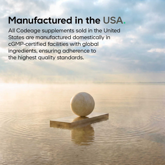 A stone sphere rests on a rectangular slab above calm water, surrounded by mist and a cloudy sky. Text explains that Codeage Beef Liver Capsules - Grass-Fed are made in the USA in certified facilities, highlighting this supplement—often called nature’s multivitamin—for outstanding nutritional support.