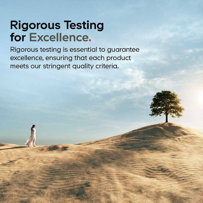 A person in white walks on golden sand dunes toward a lone tree under a blue sky. Text reads: Rigorous Testing for Excellence with a message about quality criteria—just as you’d expect from Codeage Beef Liver Capsules - Grass-Fed, nature’s multivitamin.