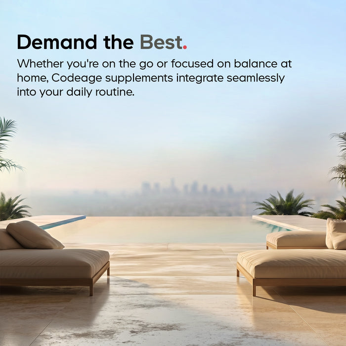 Experience a modern outdoor pool with lounge chairs and stunning city skyline views. The text encourages incorporating Codeage Beef Liver Capsules – Grass-Fed, often referred to as nature's multivitamin, into your daily wellness routine—whether relaxing at home or enjoying life on the go.