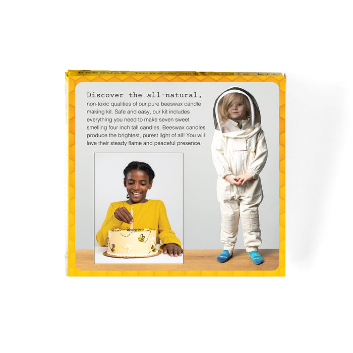 The image displays a yellow package of the Beeswax Honeycomb Candle Kit by eco-kids, featuring a smiling child with a honeycomb-themed cake and another child in a beekeeper suit, promoting natural beeswax candles ideal for crafting at home.