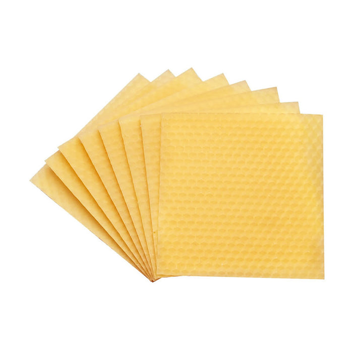 The eco-kids Beeswax Honeycomb Candle Kit features eight square, yellow beeswax sheets perfect for crafting natural candles. Fanned out in a semi-circle on a white background, these honeycomb-textured sheets are essential for any candle-making kit.