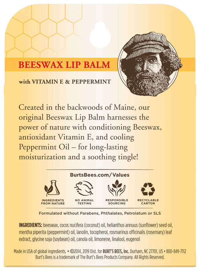 The Burts Bees Beeswax Lip Balm package showcases natural ingredients such as peppermint oil and Vitamin E. It features a bearded figure with a hat, along with ingredient outlines and values, promoting the wholesome blend inside.