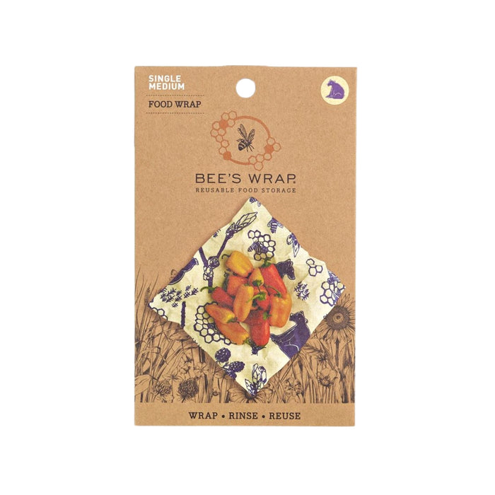 Bees Wrap showcases its Single Medium Wrap in eco-friendly brown packaging with a floral patterned cloth. Featuring the mantra Wrap, Rinse, Reuse, it underscores the wraps sustainable, reusable food storage design.