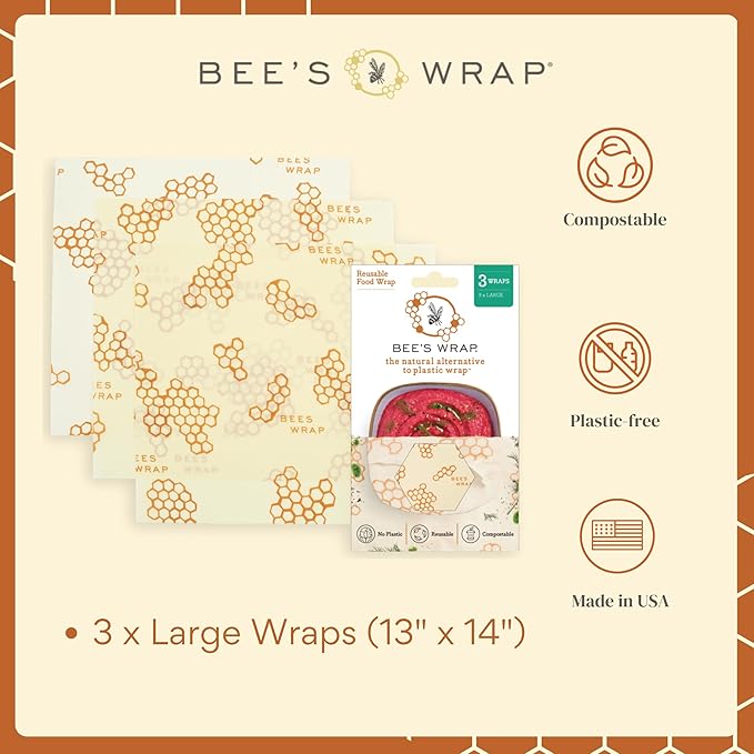 Bee's Wrap Beeswax Wraps for Food - Large feature a honeycomb design as an eco-friendly, plastic-free, compostable alternative to plastic wrap. Made in the USA. Size: 13x14.