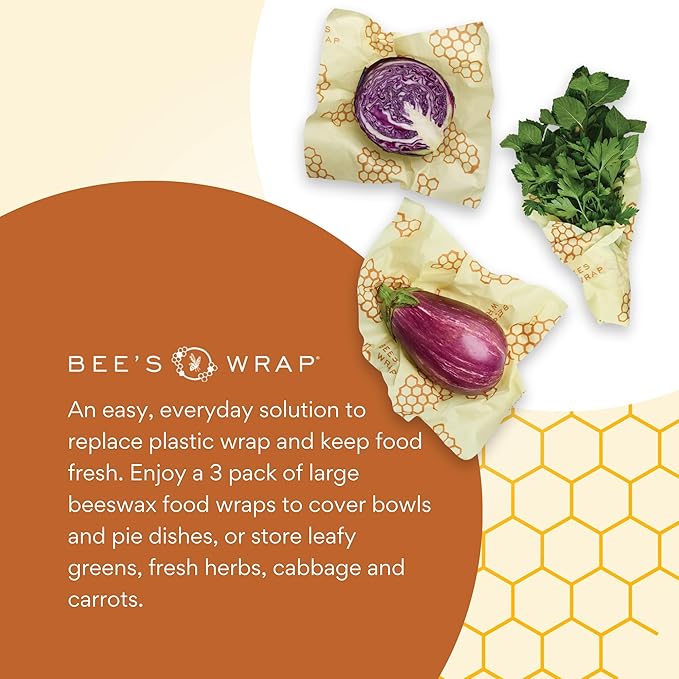 Bee’s Wrap Beeswax Wraps for Food - Large keep produce like half a purple cabbage, eggplant, and leafy greens fresh. They’re a reusable food storage solution and a plastic wrap alternative from Bee’s Wrap.