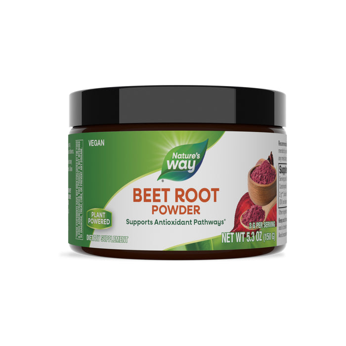 A 5.3 oz (150g) container of Nature’s Way Beet Root Powder, a vegan dietary supplement labeled as plant powered, features beet root images and helps support antioxidant pathways with rich phytonutrients.