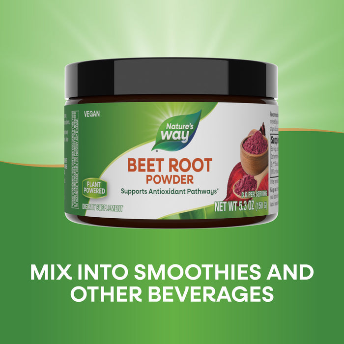 Nature’s Way Beet Root Powder is shown with beet powder and slices beside it. Text reads, “Mix into smoothies and other beverages.” A green gradient background highlights the phytonutrients in Beet Root.
