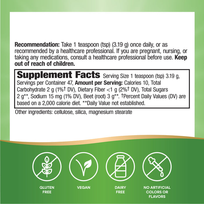 The Natures Way Beet Root Powder label displays dosage, supplement facts, and ingredients like beet root for phytonutrients. Icons show its gluten free, vegan, dairy free, and has no artificial colors or flavors.