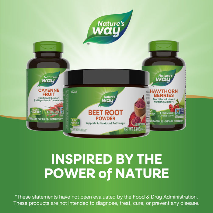 Three Nature’s Way supplement bottles, including Beet Root Powder, Cayenne Fruit, and Hawthorn Berries, are displayed on a green background with the text: “INSPIRED BY THE POWER of NATURE.”.