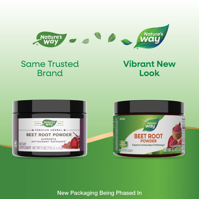 Two containers of Natures Way Beet Root Powder are shown: the left features old packaging, the right shows the new design. Same trusted brand, now with vibrant new look. Packed with phytonutrients for antioxidant support. New packaging being phased in.