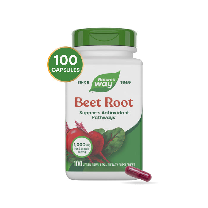 A bottle of Nature’s Way Beet Root, featuring 100 plant-based capsules with 1,000 mg per 2-capsule serving for antioxidant support. One red capsule is shown in front.