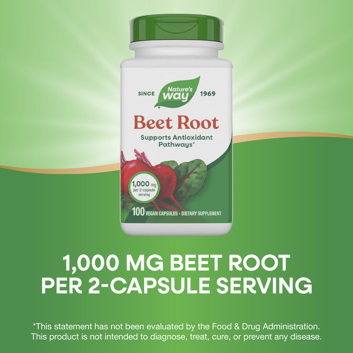A bottle of Natures Way Beet Root on a green background features a label stating plant-based antioxidant support, 1,000 mg per 2-capsule serving, and 100 vegan capsules.