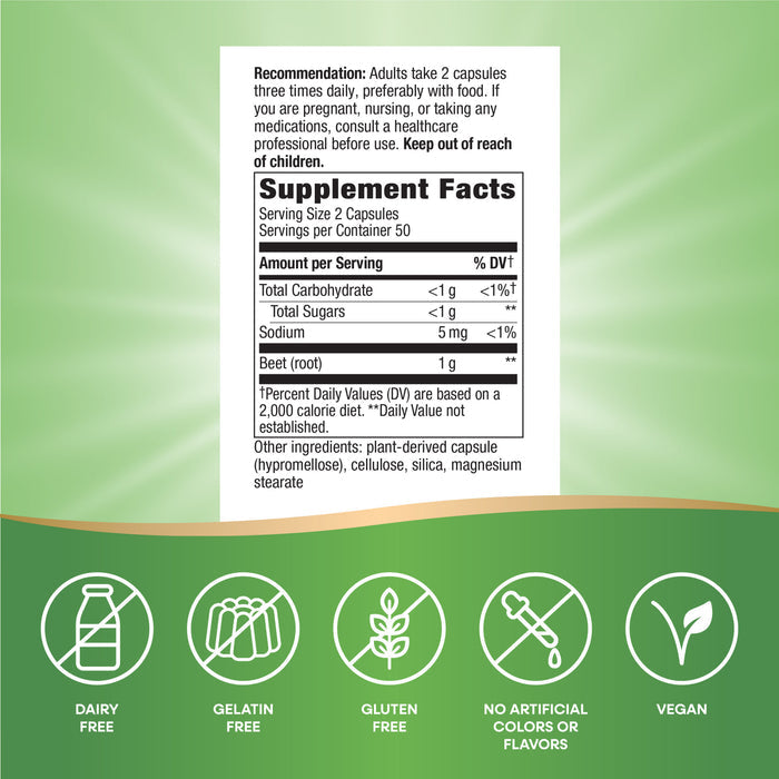 Natures Way Beet Root supplement facts label displays serving size, ingredients, and nutrition info. Icons indicate its plant-based, dairy-free, gluten-free, gelatin-free, vegan, supports antioxidants, and contains no artificial colors or flavors.