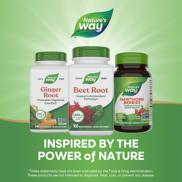 A Natures Way Beet Root supplement bottle is shown on a green background with the slogan “Inspired by the Power of Nature,” highlighting plant-based antioxidant support.