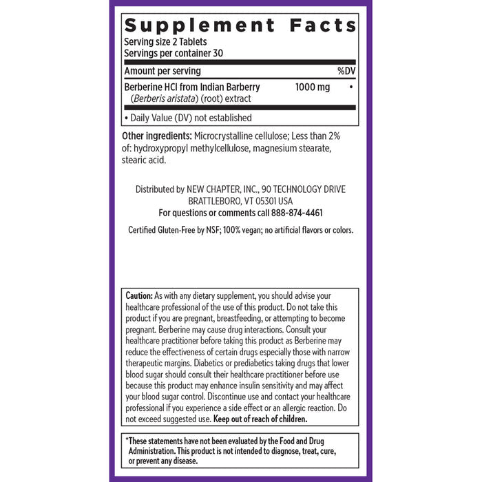 Supplement Facts: New Chapters Berberine - 1000mg supports metabolic health, with 1000 mg Berberine HCI from Indian Barberry per two tablets. Includes microcrystalline cellulose and stearic acid. Contains usage warnings and manufacturer contact info.