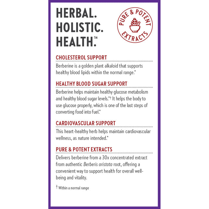 The label Herbal. Holistic. Health. highlights sections on cholesterol, blood sugar, and cardiovascular support with emphasis on New Chapters Berberine - 1000mg from Berberis aristata root for promoting heart and metabolic health, ensuring overall well-being and vitality.