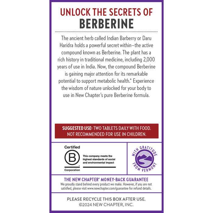 The image shows New Chapters Berberine - 1000mg supplement package, highlighting heart health benefits and usage guidelines. The recommended dose is two tablets daily with food, and the box includes recycling info and a money-back guarantee.