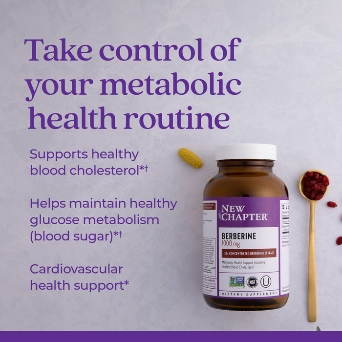 The image shows a bottle of New Chapter Berberine dietary supplement on a light surface, alongside a capsule, a spoon with red berries, and cardamom pods. Text highlights benefits: supports cholesterol, glucose metabolism, and cardiovascular health.