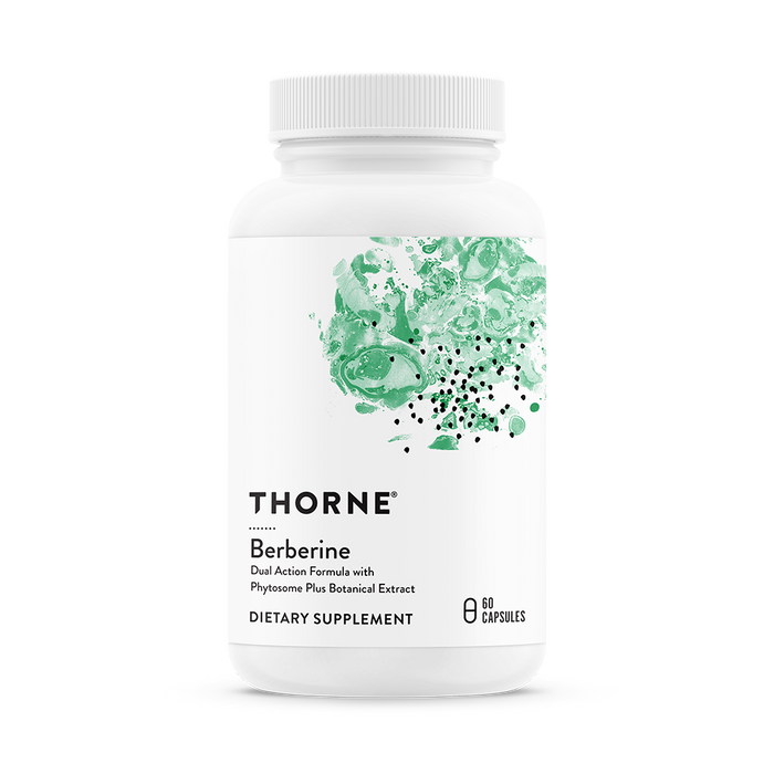 Thornes Berberine dietary supplement, in a white bottle with green abstract artwork, features a Dual Action Formula with Phytosome Plus Botanical Extract to support metabolic health. The product contains 60 capsules and is designed to help maintain healthy blood sugar levels.
