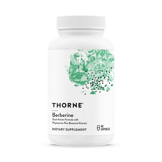 Thornes Berberine dietary supplement, in a white bottle with green abstract artwork, features a Dual Action Formula with Phytosome Plus Botanical Extract to support metabolic health. The product contains 60 capsules and is designed to help maintain healthy blood sugar levels.