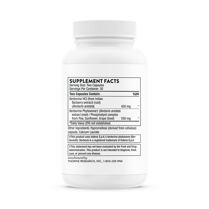 A white Thorne Berberine supplement bottle displays supplement facts on its label. Each serving of two capsules contains 450mg of Berberine HCl and 550mg of Berberine Phytosome to support metabolic health, with inactive ingredients hypromellose and leucine.
