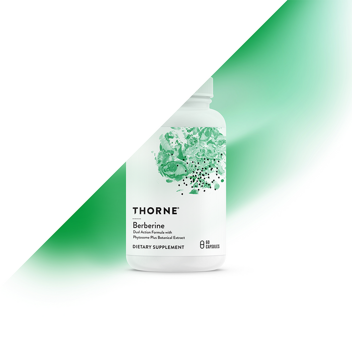 A white bottle labeled Thorne Berberine stands against a white and green diagonal background. The label features green abstract designs and contains 60 capsules aimed at supporting metabolic health and maintaining balanced blood sugar levels.