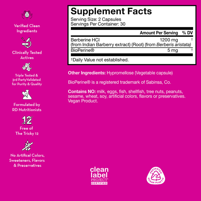 A product label with supplement facts. Highlights include "Berberine HCI 1200mg and BioPerine 5mg." Noted for having no artificial colors, sweeteners, flavors, nuts, wheat, soy, or animal products. Features multiple quality, certification badges.