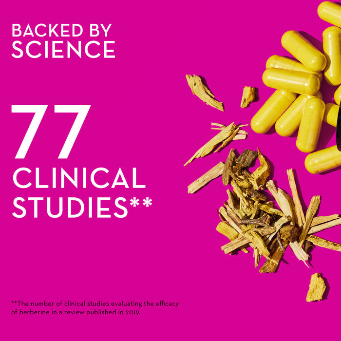 Text: Backed by science -  77 Clinical Studies**  (**The number of clinical studies evaluating the efficacy of berberine in a review published in 2019.)