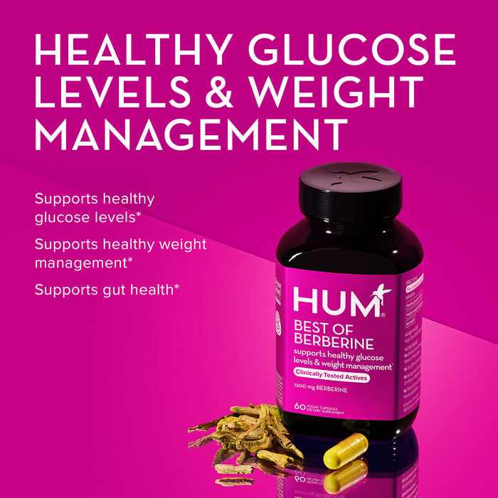 A bottle of HUM Best of Berberine dietary supplements, which support healthy glucose levels, weight management, gut health. Bottle is surrounded by Berberine plant roots and yellow capsules. Text reads, "Healthy Glucose Levels; Weight Management.