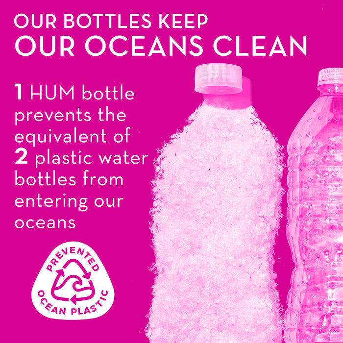 A magenta background, featuring two plastic bottles. Text reads: "OUR BOTTLES KEEP OUR OCEANS CLEAN. 1 HUM bottle prevents the equivalent of 2 plastic water bottles from entering our oceans." A "Prevented Ocean Plastic" recycle symbol is also shown.