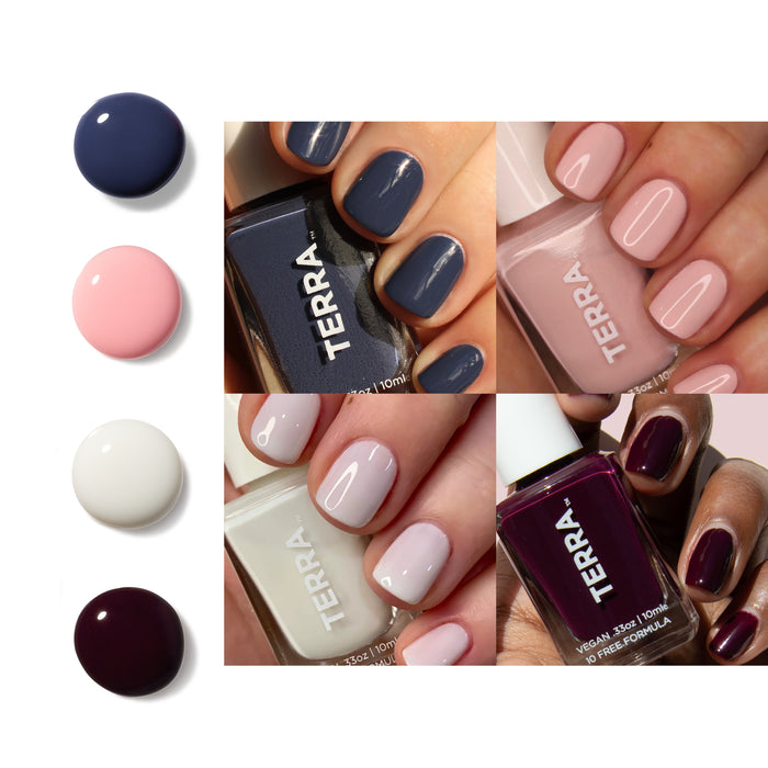 Four bottles of the Best Seller Nail Collection by Terra Beauty Bars are displayed: navy blue, pink, white, and dark burgundy. Each color is vegan and cruelty-free, shown on fingernails with the name TERRA on the bottles.