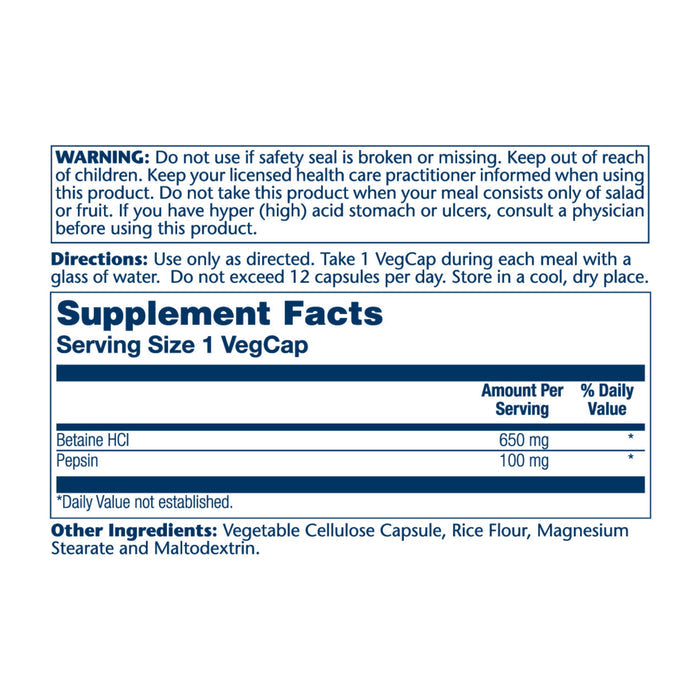 The Solaray Betaine HCI HP with Pepsin, 650 mg supplement label advises consulting a physician if pregnant or experiencing stomach issues. Directions suggest taking 1 capsule with a meal, up to 12 daily. It contains Betaine HCl 650 mg and Pepsin 100 mg, with rice flour and maltodextrin.