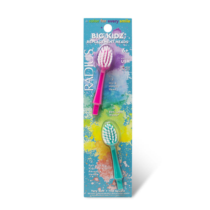The RADIUS Big Kidz® Forever Brush™ 2 Pack Replacement Heads features two very soft, wide-bristle brush heads—one pink, one teal—designed for kids 6+ years, packaged in a colorful box.