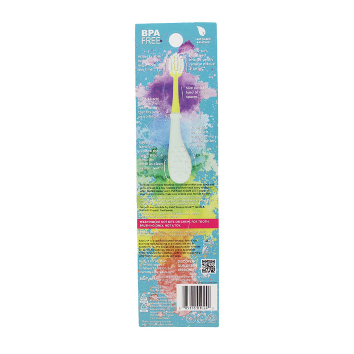 The Radius Big Kidz® Forever Brush™ 2 Pack Replacement Heads features bio-based bristles in pastel colors on a rainbow-themed card with product details, care instructions, and BPA-free and recycling symbols.