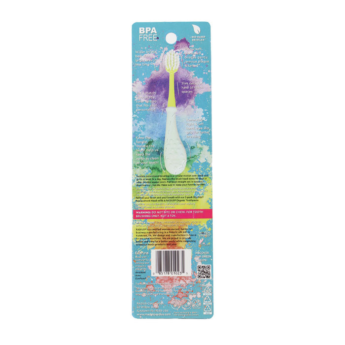The Big Kidz® Forever Brush™ by Radius features colorful packaging with a BPA Free label and slim neck design. It has text warnings, disposal info, and a QR code at the bottom against a watercolor background in blue, purple, green, and orange hues.