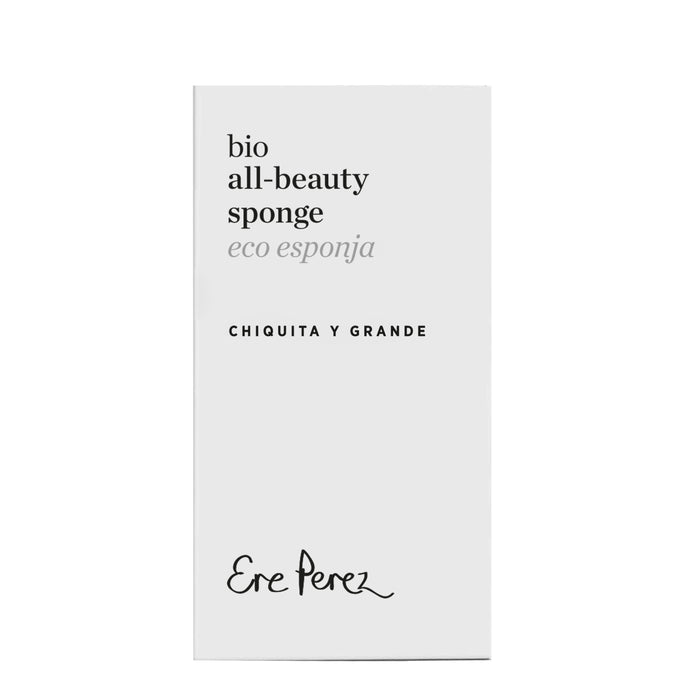 A white box with black text reads: Bio All-Beauty Sponge, Eco Esponja, Chiquita y Grande. The brand Ere Perez is scripted at the bottom. This versatile sponge ensures seamless makeup application, embodying sustainable beauty.