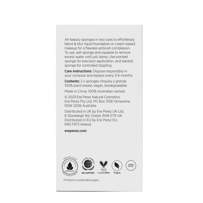 The Bio All-Beauty Sponge by Ere Perez is detailed on the package as a versatile, plant-based, vegan beauty tool for flawless makeup application. Its biodegradable and cruelty-free with care instructions, contents, and company info. Made in China by a 100% Australian-owned company.
