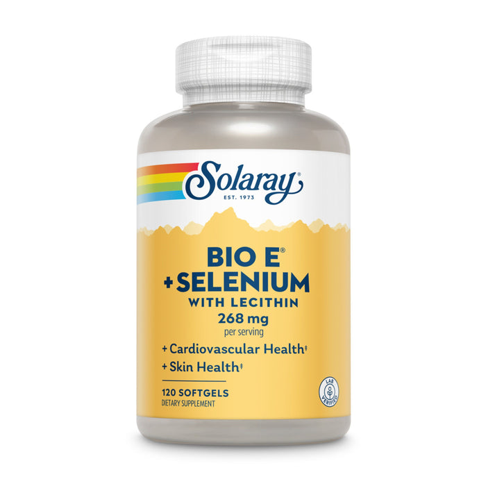 A bottle of Solarays Bio E® + Selenium w Lecithin, 268 mg features softgels enhancing cardiovascular and skin health, with each of the 120 servings providing essential Vitamin E.