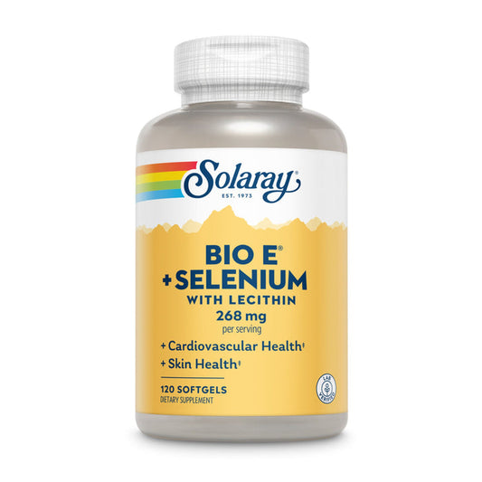 A bottle of Solarays Bio E® + Selenium w Lecithin, 268 mg features softgels enhancing cardiovascular and skin health, with each of the 120 servings providing essential Vitamin E.