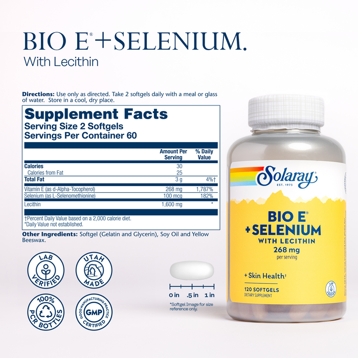 The image shows a bottle of Solaray Bio E + Selenium with Lecithin supplements. It includes the label details, serving size (2 softgels), and nutritional information. Certification logos are visible, along with a single softgel for size reference.