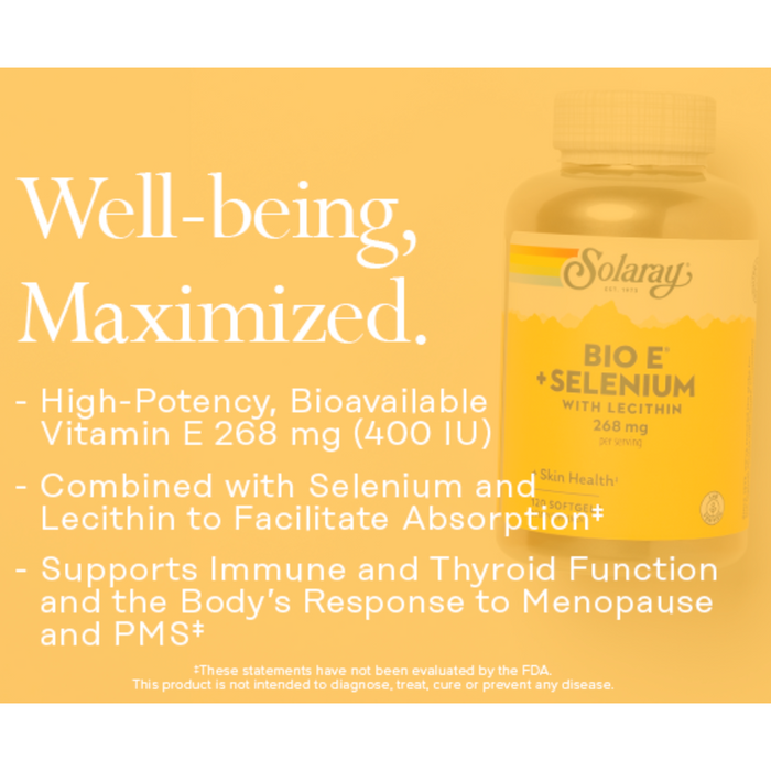 A Solaray Bio E + Selenium bottle is shown against an orange background. Text highlights its benefits: high-potency Vitamin E, combined with selenium and lecithin, supporting immune and thyroid function, menopause, and PMS.