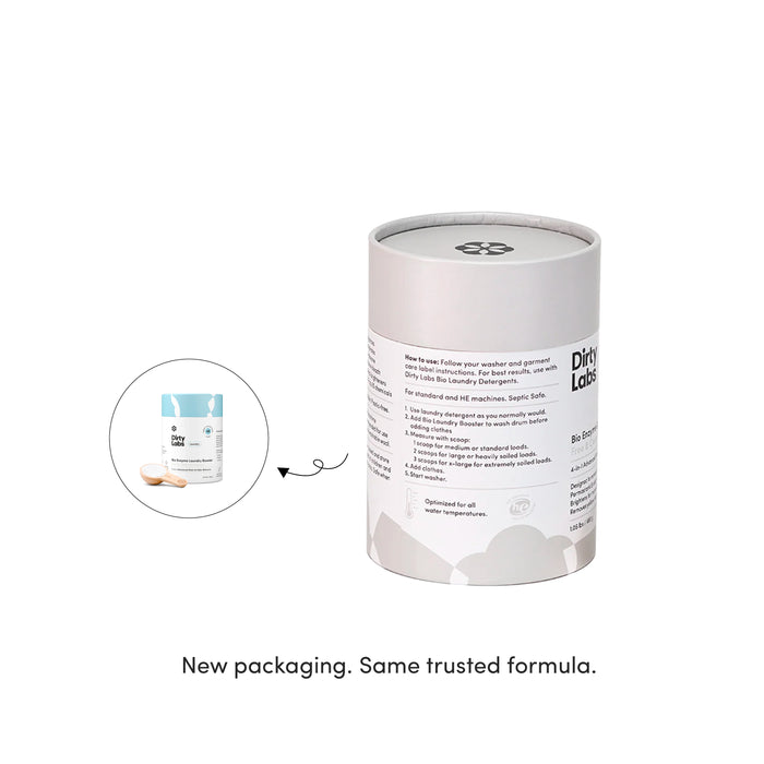 A new cylindrical Dirty Labs Bio Enzyme Laundry Booster package, featuring advanced enzyme technology, is shown replacing the old box packaging on the left. Text below reads, “New packaging. Same trusted formula.”.