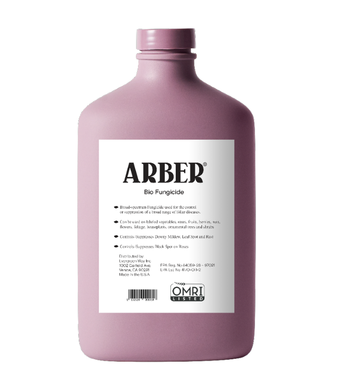 A clean, minimalistic purple bottle labeled Arber Bio Fungicide Indoor/Outdoor Concentrate features product details and an OMRI Listed seal, promising effective disease protection and stronger plants.