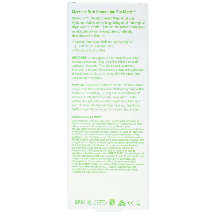 The Good Clean Love BioNourish Premium Personal Moisturizer, in green and white packaging, features hyaluronic acid benefits and Bio-Match technology. It includes detailed use instructions, daily guidance, and advises consulting a physician for persistent symptoms.