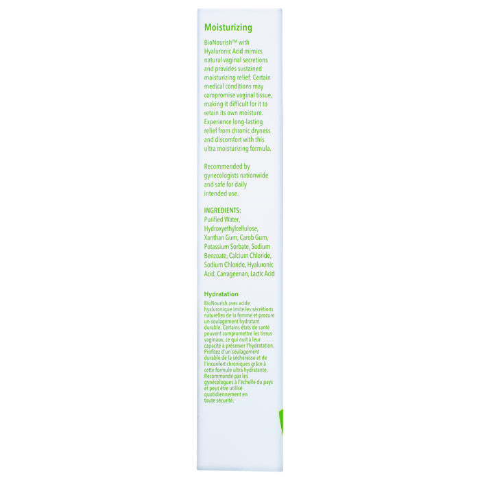 The image shows the side of the BioNourish Premium Personal Moisturizer with Hyaluronic Acid box by Good Clean Love, detailing its ultra-moisturizing gel properties, enhanced vaginal health benefits, recommended usage, and complete ingredients list.