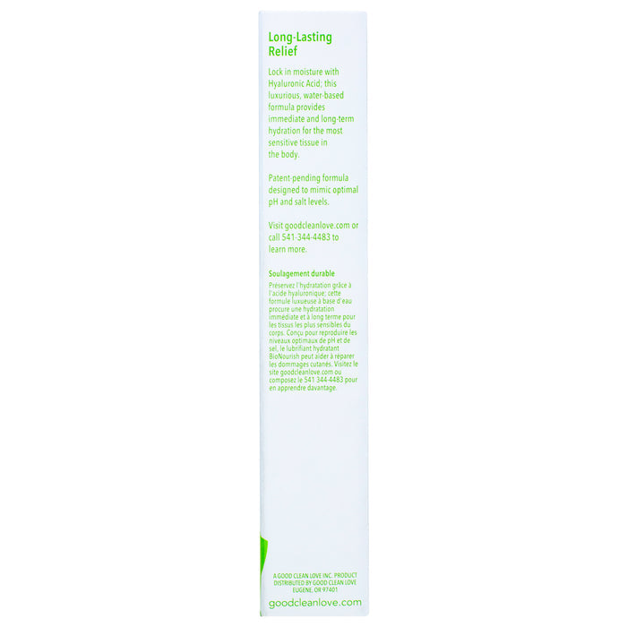 A side view of BioNourish Premium Personal Moisturizers white box by Good Clean Love shows green text about its ultra-moisturizing, long-lasting gel with hyaluronic acid. The patent-pending formula benefits vaginal health and includes contact info and a website URL.