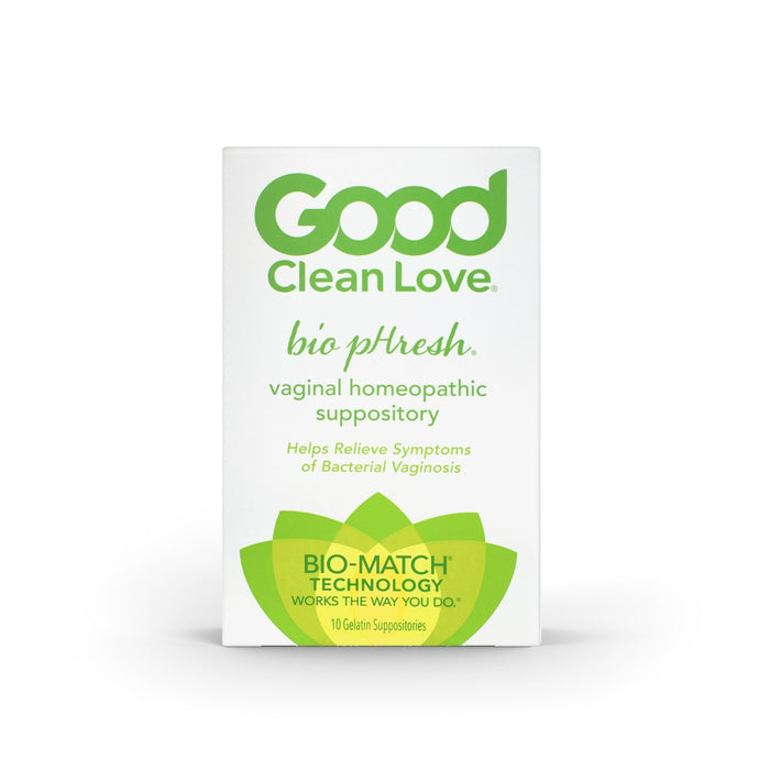 The BiopHresh Vaginal Homeopathic Suppository by Good Clean Love has green text and a leaf design on its packaging, highlighting benefits such as pH balance restoration, relief from bacterial vaginosis symptoms, and vaginal health support with Bio-Match technology. Includes 10 gelatin suppositories.