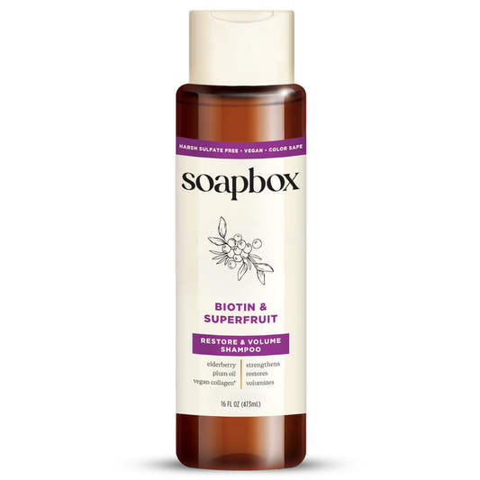 A 16 fl oz bottle of Soapbox Biotin and Superfruit Restore & Volumize Shampoo features Restore & Volume benefits, contains elderberry, plum oil, and vegan collagen. Its sulfate-free, vegan, and color-safe.