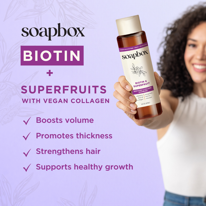 Someone displays a Soapbox Biotin and Superfruit Restore & Volumize Shampoo bottle, emphasizing its ability to boost volume, promote thickness, strengthen hair, and support growth. The background is adorned with text and floral graphics.